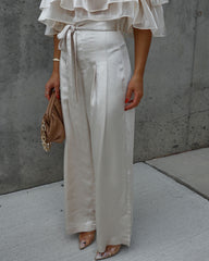 Paula Satin High Waisted Front Tie Pants - Champagne Oshnow