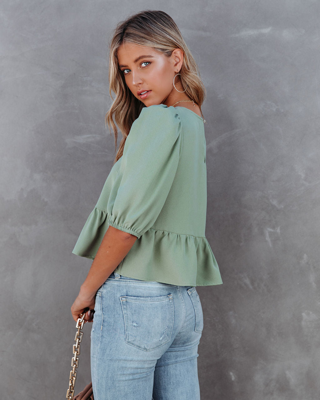 Paxie Peplum Crop Blouse - Olive Oshnow