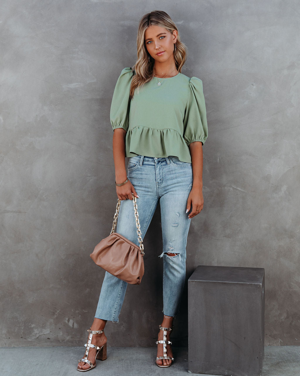 Paxie Peplum Crop Blouse - Olive Oshnow