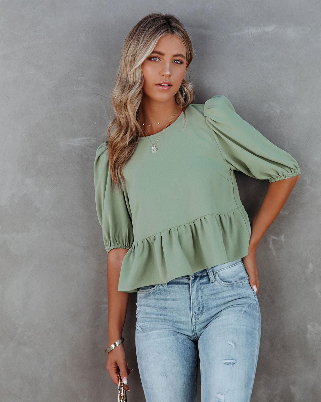 Paxie Peplum Crop Blouse - Olive Oshnow