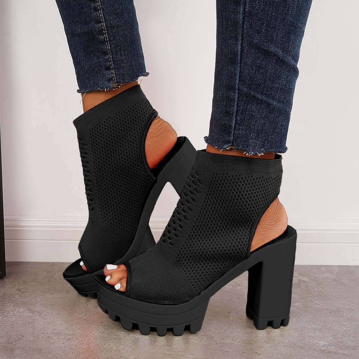 Peep Toe Chunky Platform High Heels Slip-on Sandals Oshnow