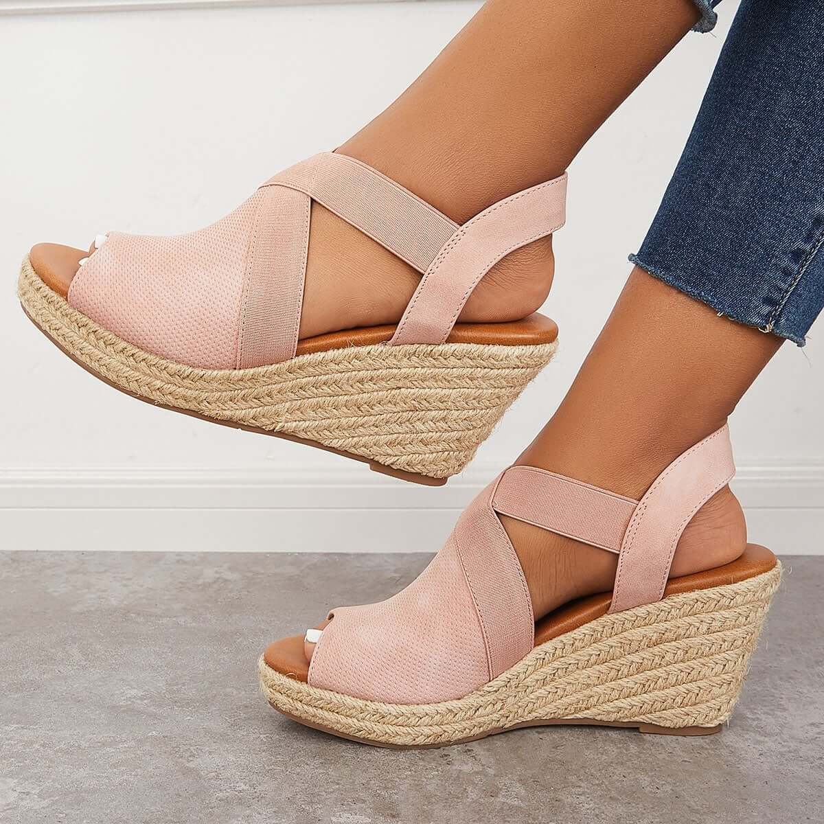 Peep Toe Platform Espadrille Wedges Ankle Strap Sandals Oshnow