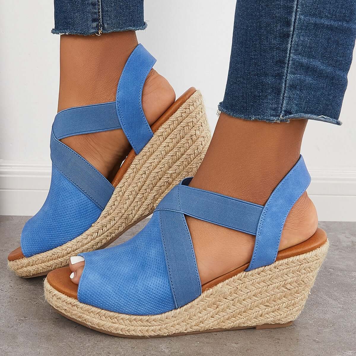 Peep Toe Platform Espadrille Wedges Ankle Strap Sandals Oshnow