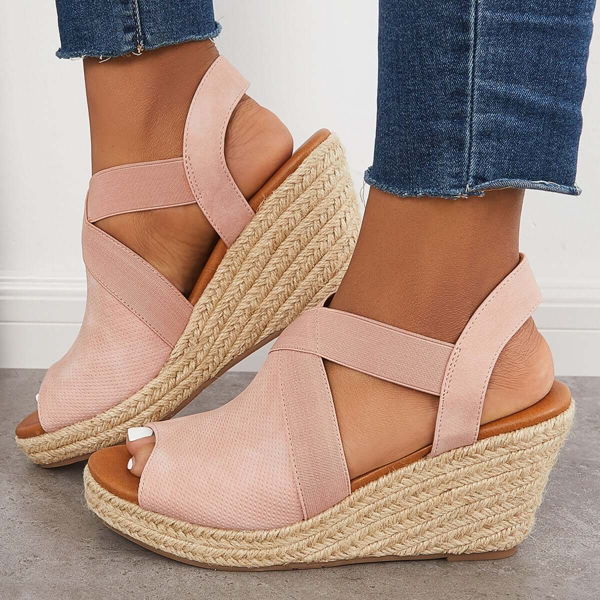 Peep Toe Platform Espadrille Wedges Ankle Strap Sandals Oshnow