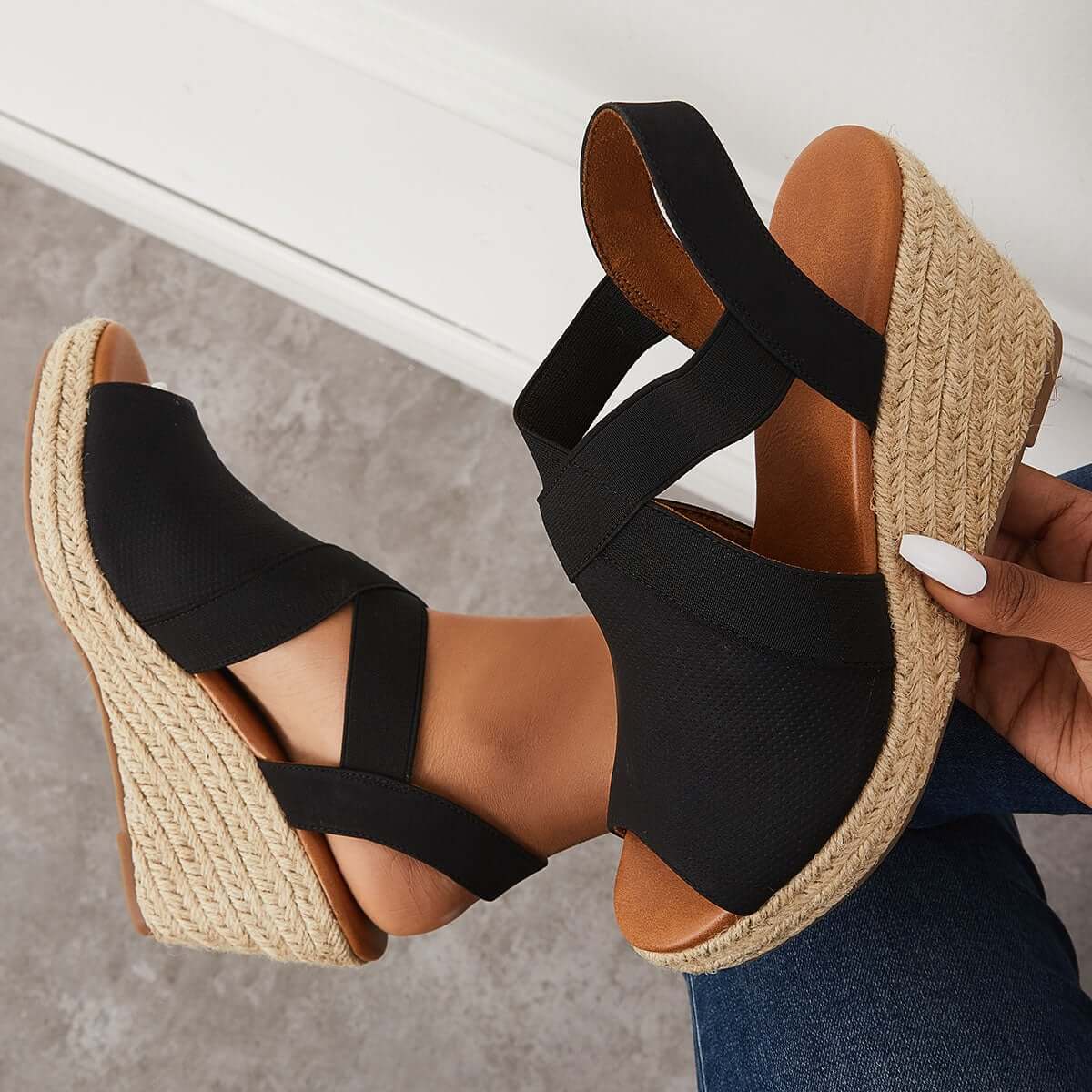 Peep Toe Platform Espadrille Wedges Ankle Strap Sandals Oshnow