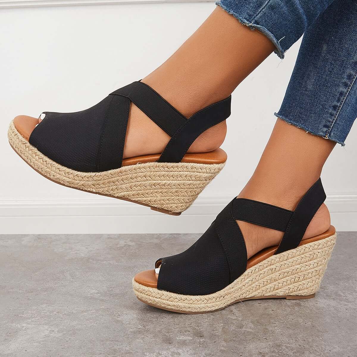 Peep Toe Platform Espadrille Wedges Ankle Strap Sandals Oshnow