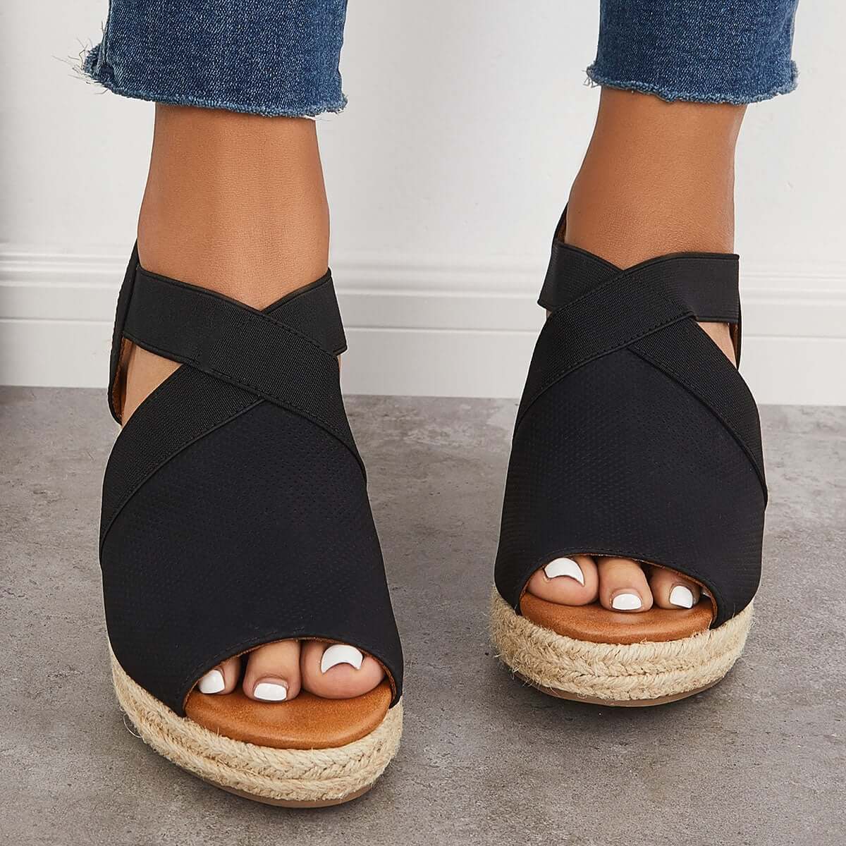 Peep Toe Platform Espadrille Wedges Ankle Strap Sandals Oshnow