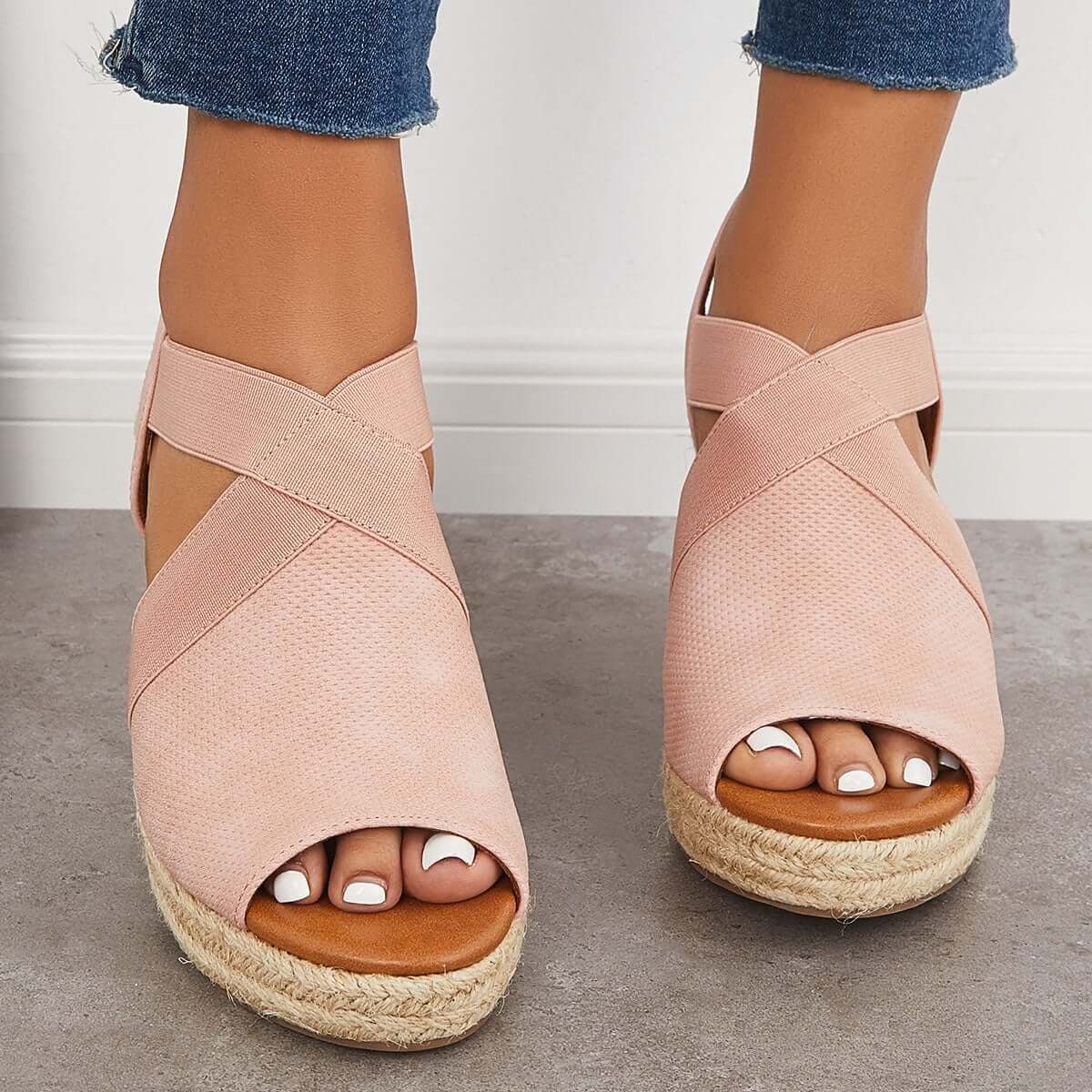 Peep Toe Platform Espadrille Wedges Ankle Strap Sandals Oshnow