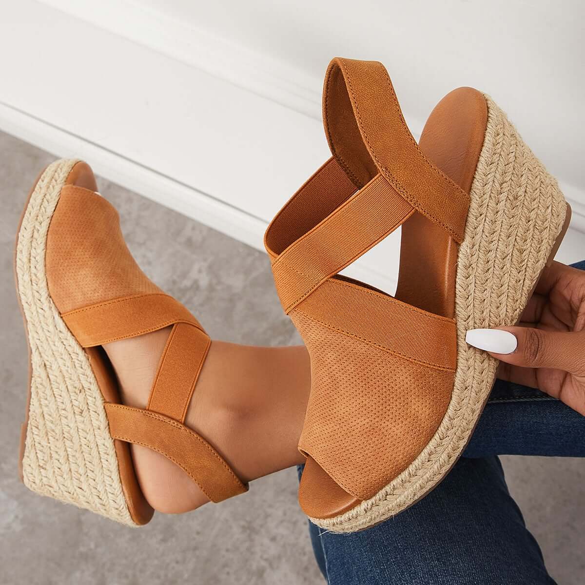 Peep Toe Platform Espadrille Wedges Ankle Strap Sandals Oshnow