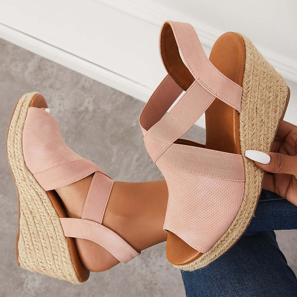 Peep Toe Platform Espadrille Wedges Ankle Strap Sandals Oshnow