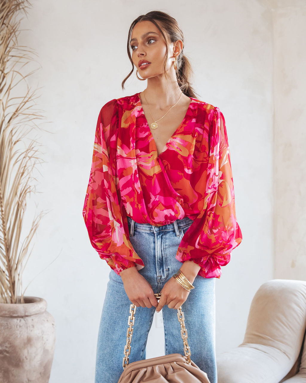 Penelope Printed Balloon Sleeve Bodysuit Oshnow