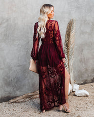 Peony Long Sleeve Lace Maxi Romper - Burgundy Oshnow