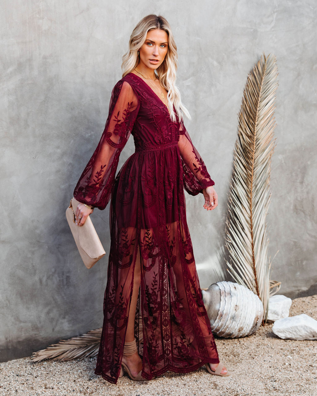 Peony Long Sleeve Lace Maxi Romper - Burgundy Oshnow