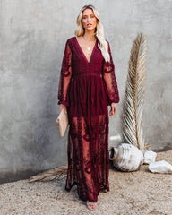 Peony Long Sleeve Lace Maxi Romper - Burgundy Oshnow