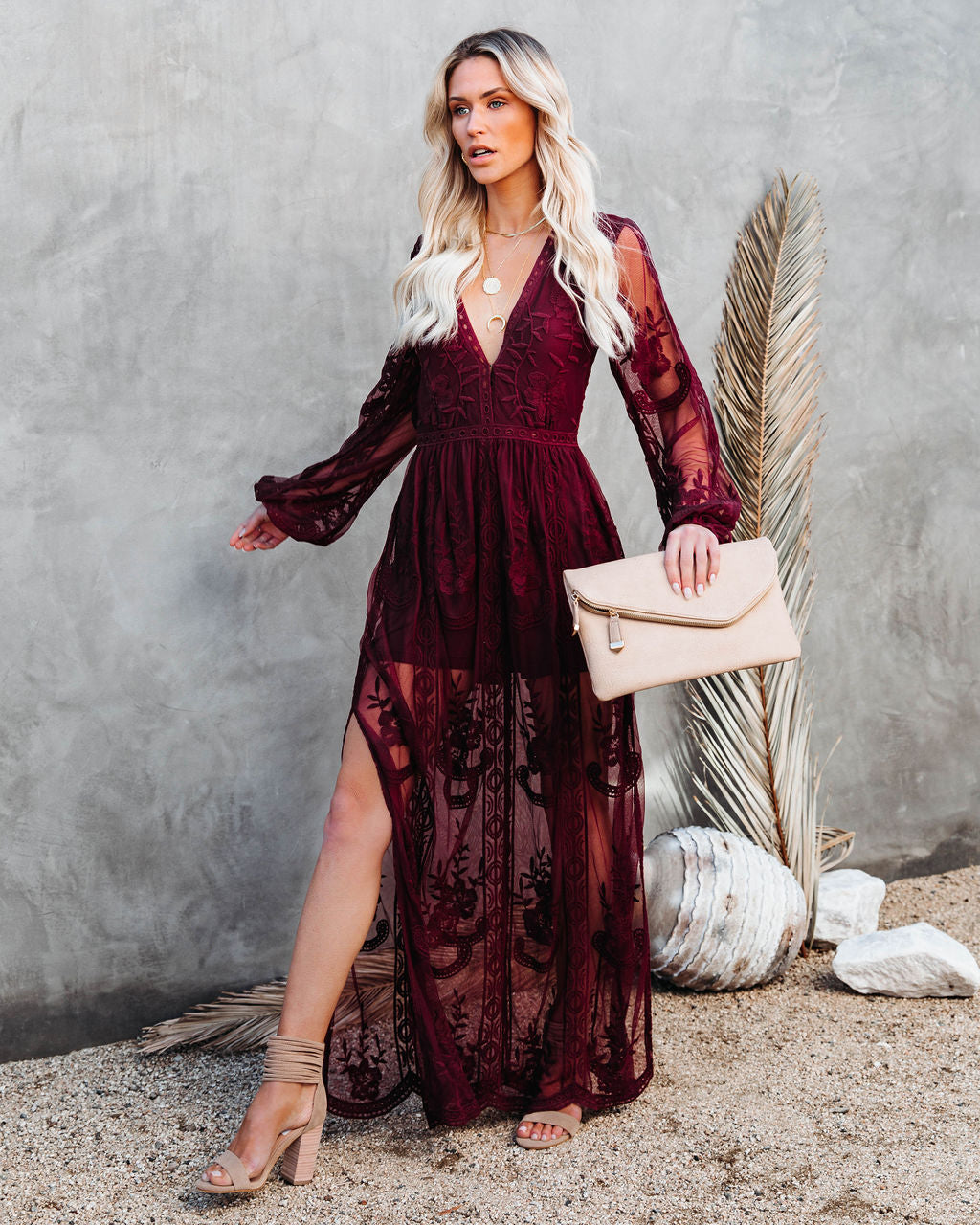 Peony Long Sleeve Lace Maxi Romper - Burgundy Oshnow