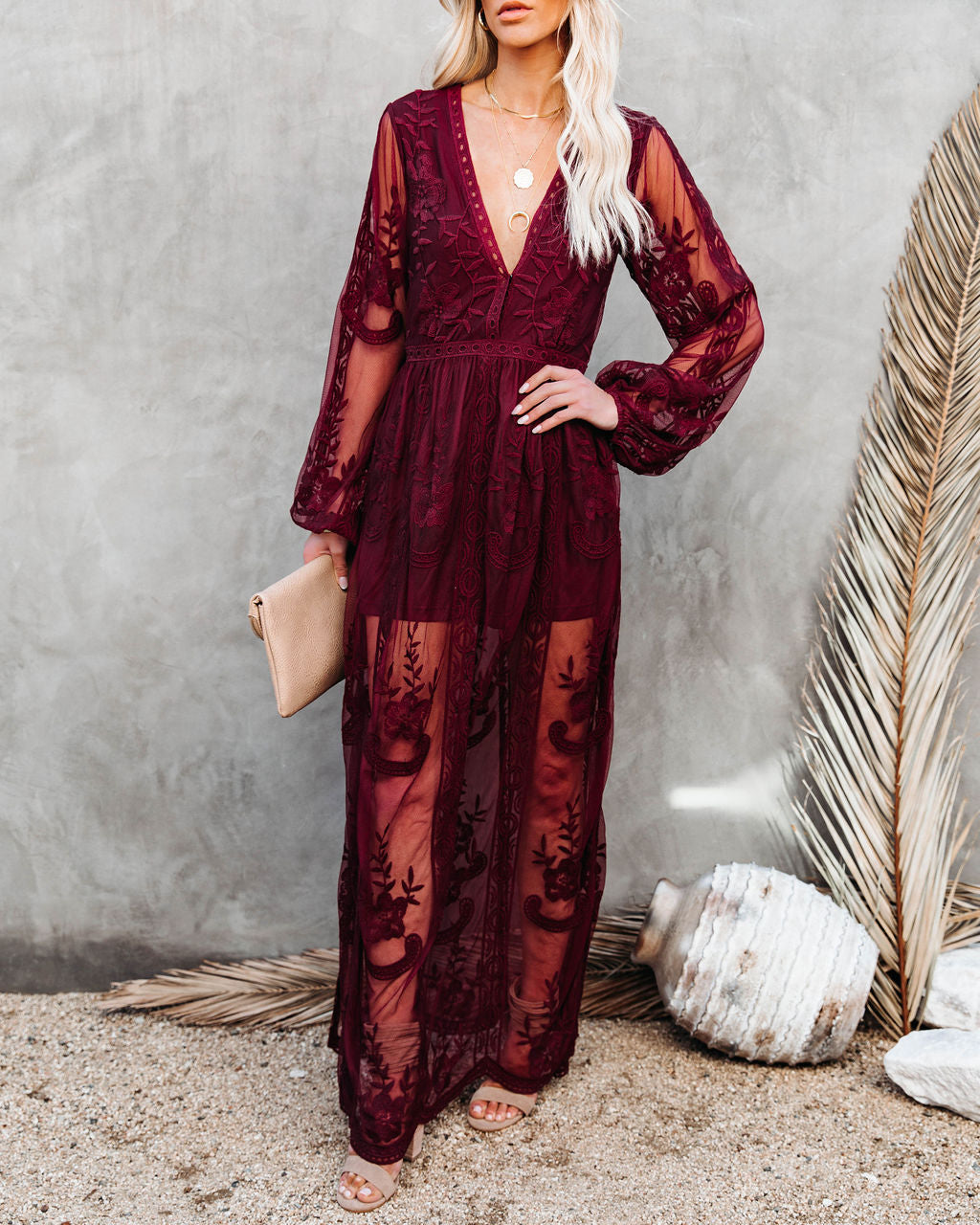 Peony Long Sleeve Lace Maxi Romper - Burgundy Oshnow