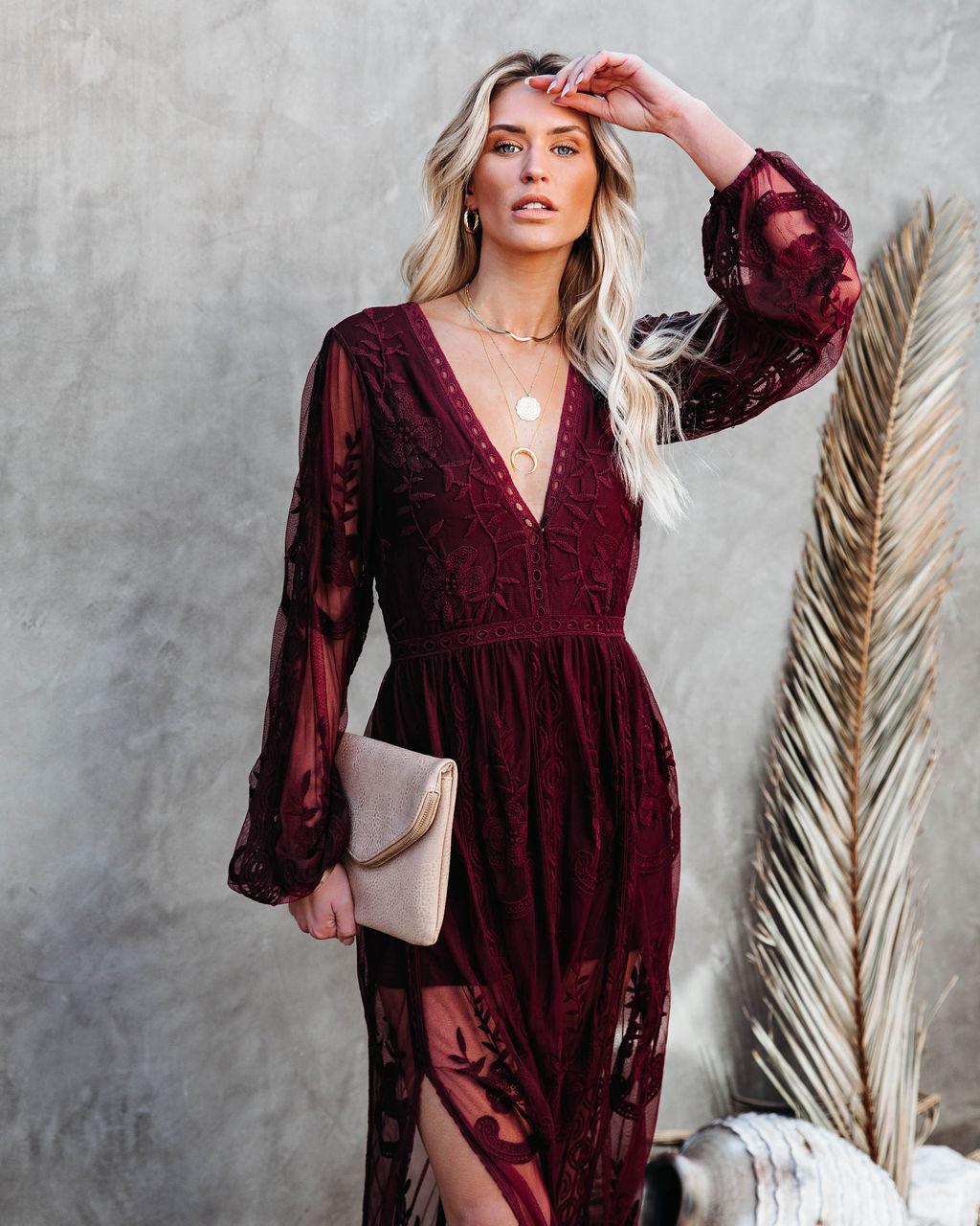 Peony Long Sleeve Lace Maxi Romper - Burgundy Oshnow