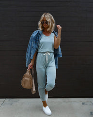 Placerville Pocketed Drawstring Jumpsuit - Dusty Blue Oshnow