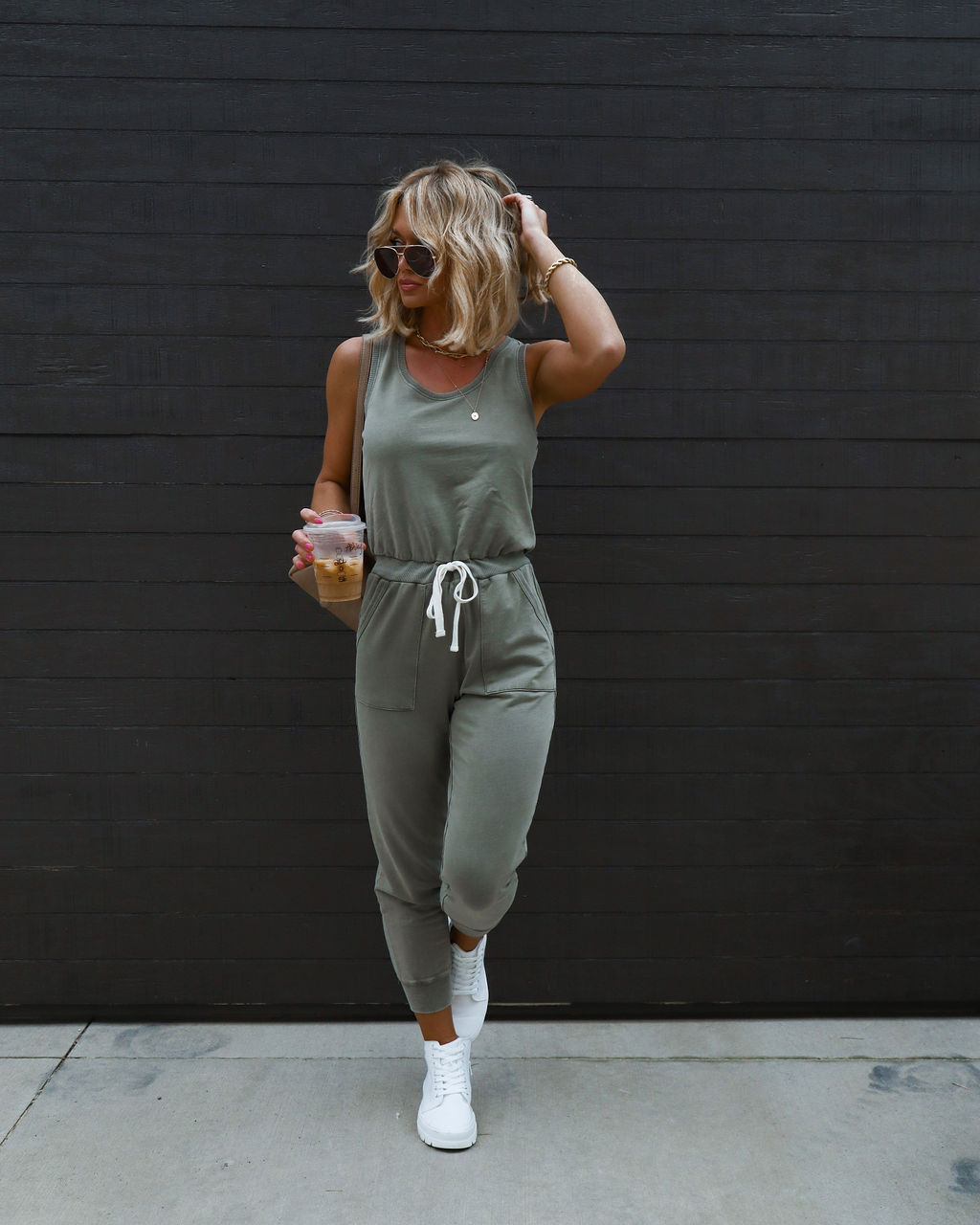 Placerville Pocketed Drawstring Jumpsuit - Dusty Olive Oshnow