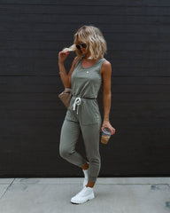 Placerville Pocketed Drawstring Jumpsuit - Dusty Olive Oshnow