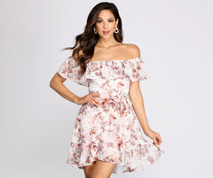 Playful Petals Floral Chiffon Off Shoulder Mini Dress Oshnow