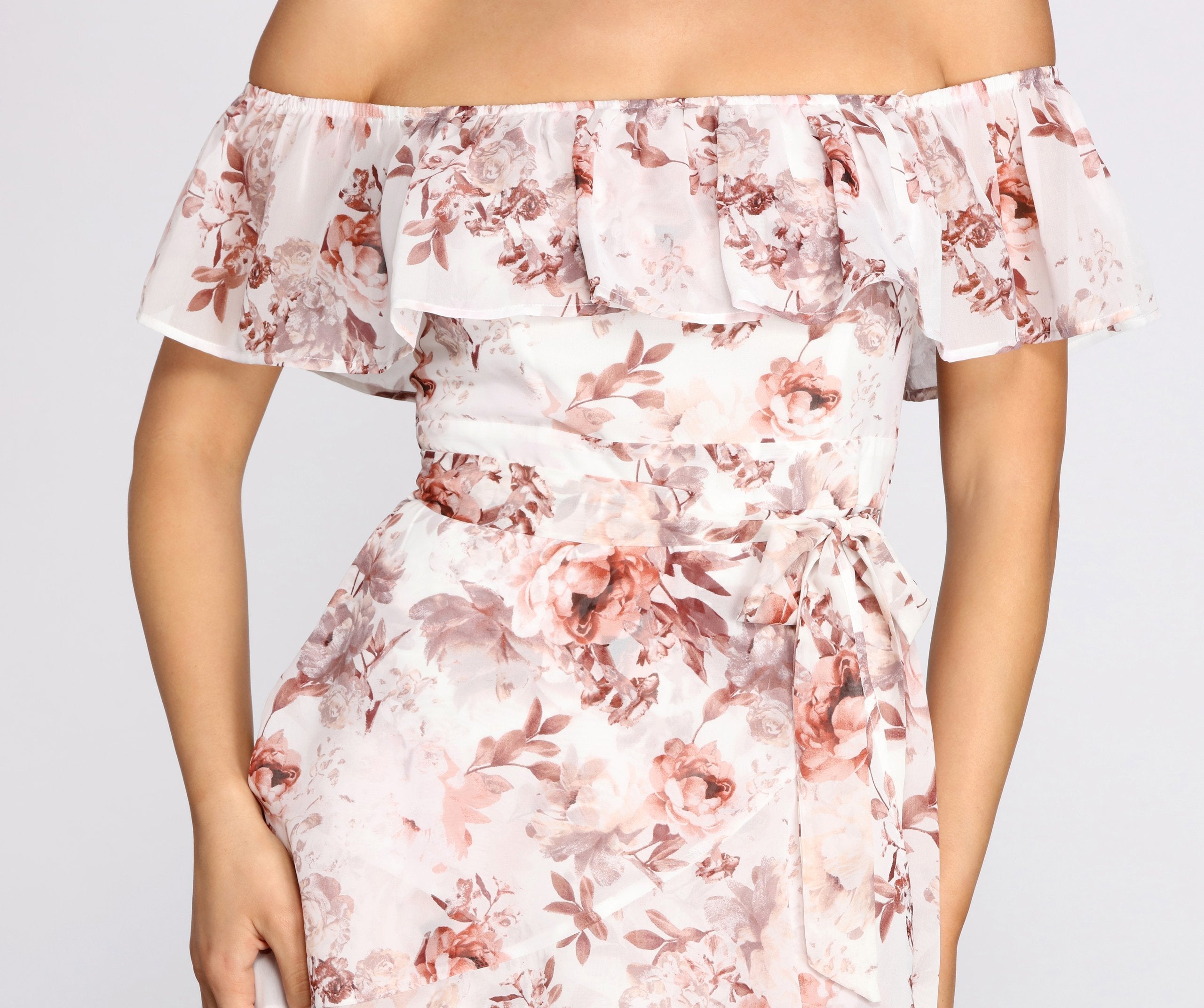 Playful Petals Floral Chiffon Off Shoulder Mini Dress Oshnow