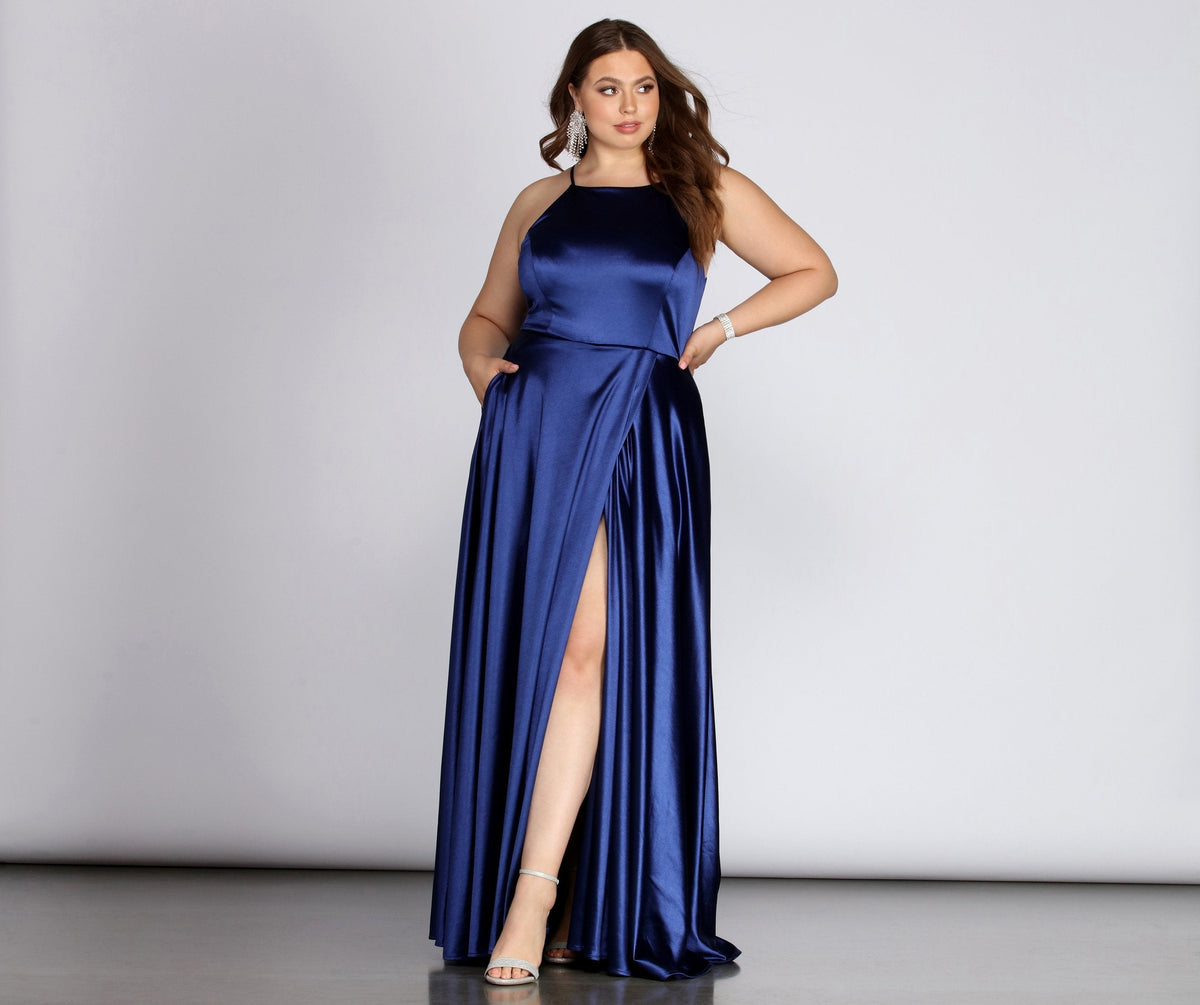 Plus Gabrielle Formal High Slit Satin Dress Oshnow