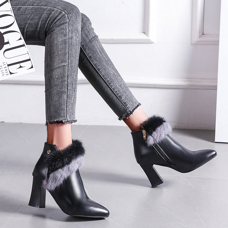 Pointed Toe Side Zipper Fur Chunky High-Heel Boots Oshnow