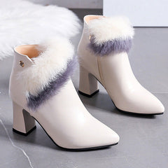 Pointed Toe Side Zipper Fur Chunky High-Heel Boots Oshnow