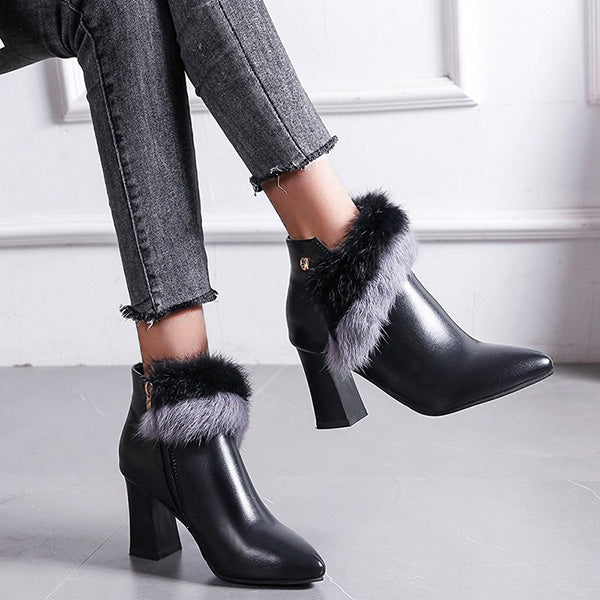 Pointed Toe Side Zipper Fur Chunky High-Heel Boots Oshnow