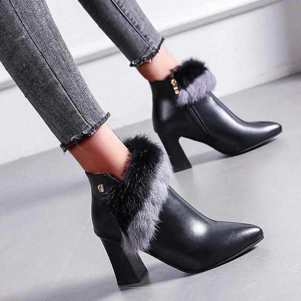 Pointed Toe Side Zipper Fur Chunky High-Heel Boots Oshnow