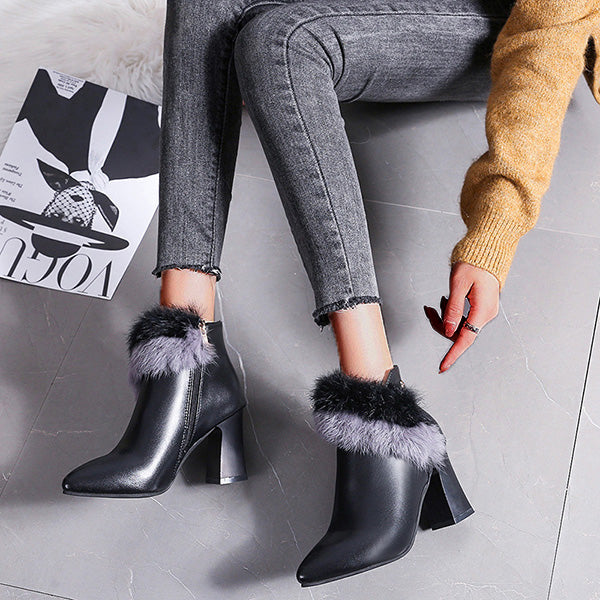 Pointed Toe Side Zipper Fur Chunky High-Heel Boots Oshnow