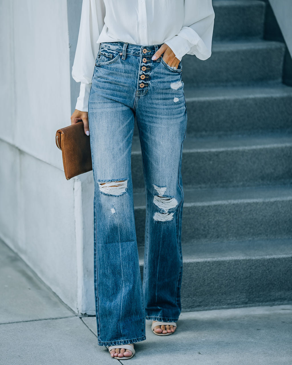 Porter High Rise Distressed 90s Flare Denim Oshnow