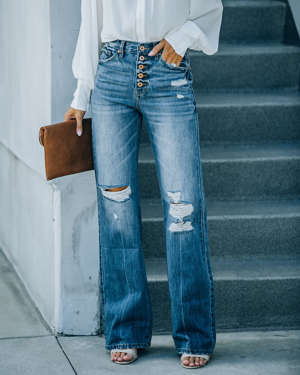 Porter High Rise Distressed 90s Flare Denim Oshnow