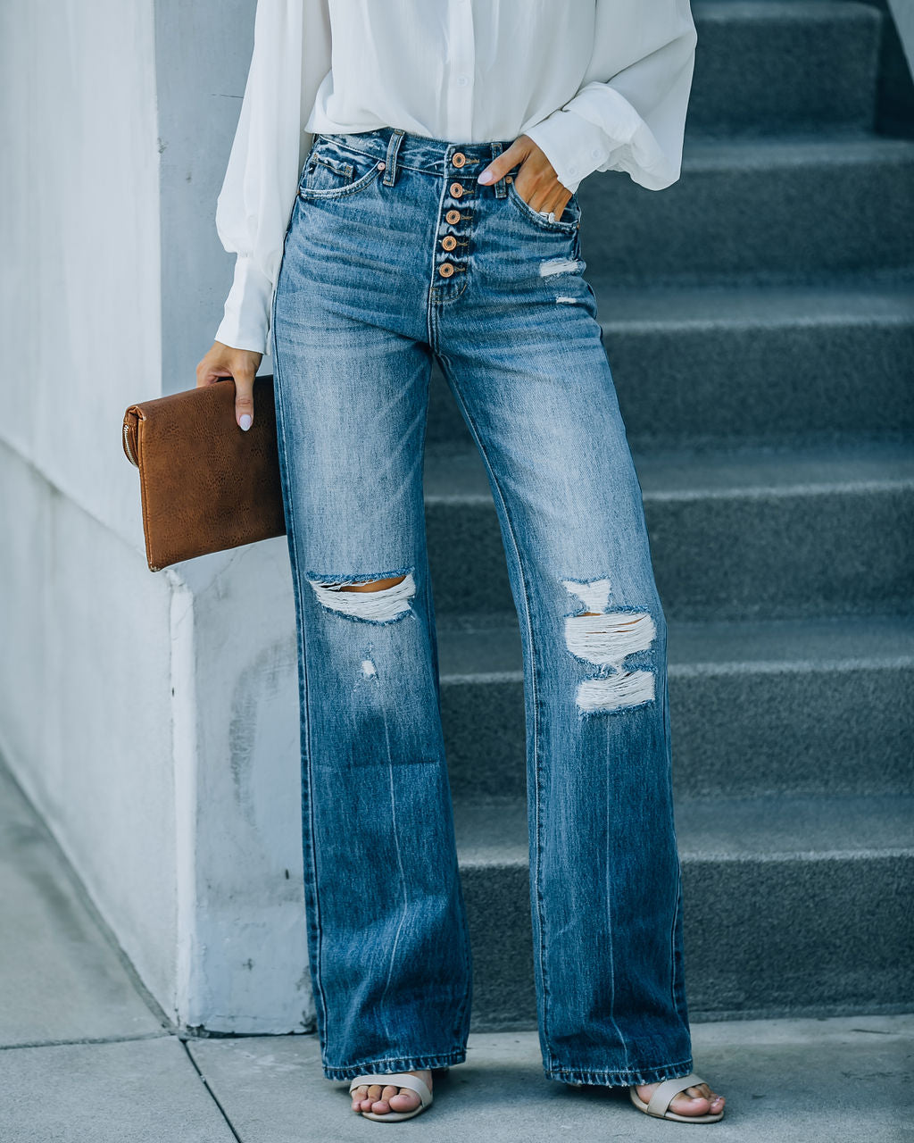 Porter High Rise Distressed 90s Flare Denim Oshnow