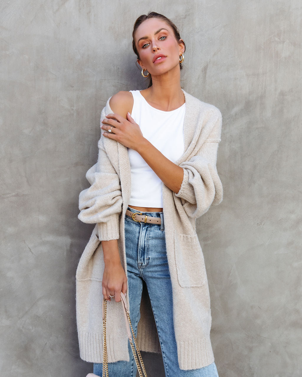 Pratt Knit Pocketed Open Front Cardigan - Beige Oshnow