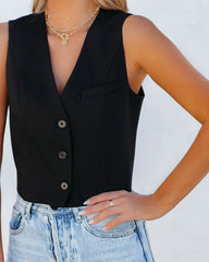 Priam Cropped Button Down Vest - Black Oshnow