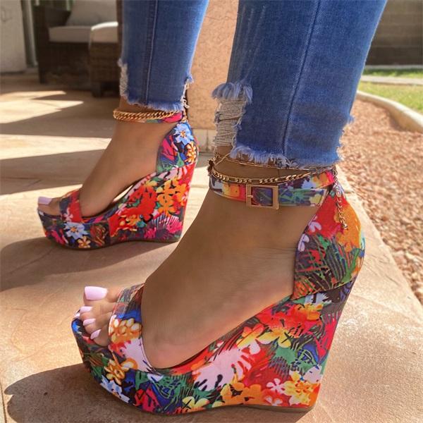 Printed Tropical Style Platform Sandals Oshnow