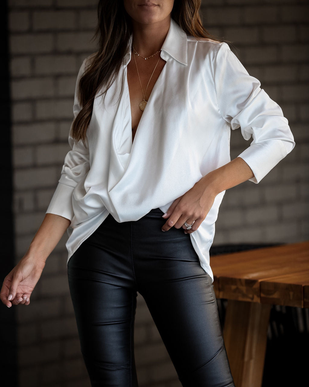 Problem Solved Satin Collared Drape Blouse - Off White Oshnow