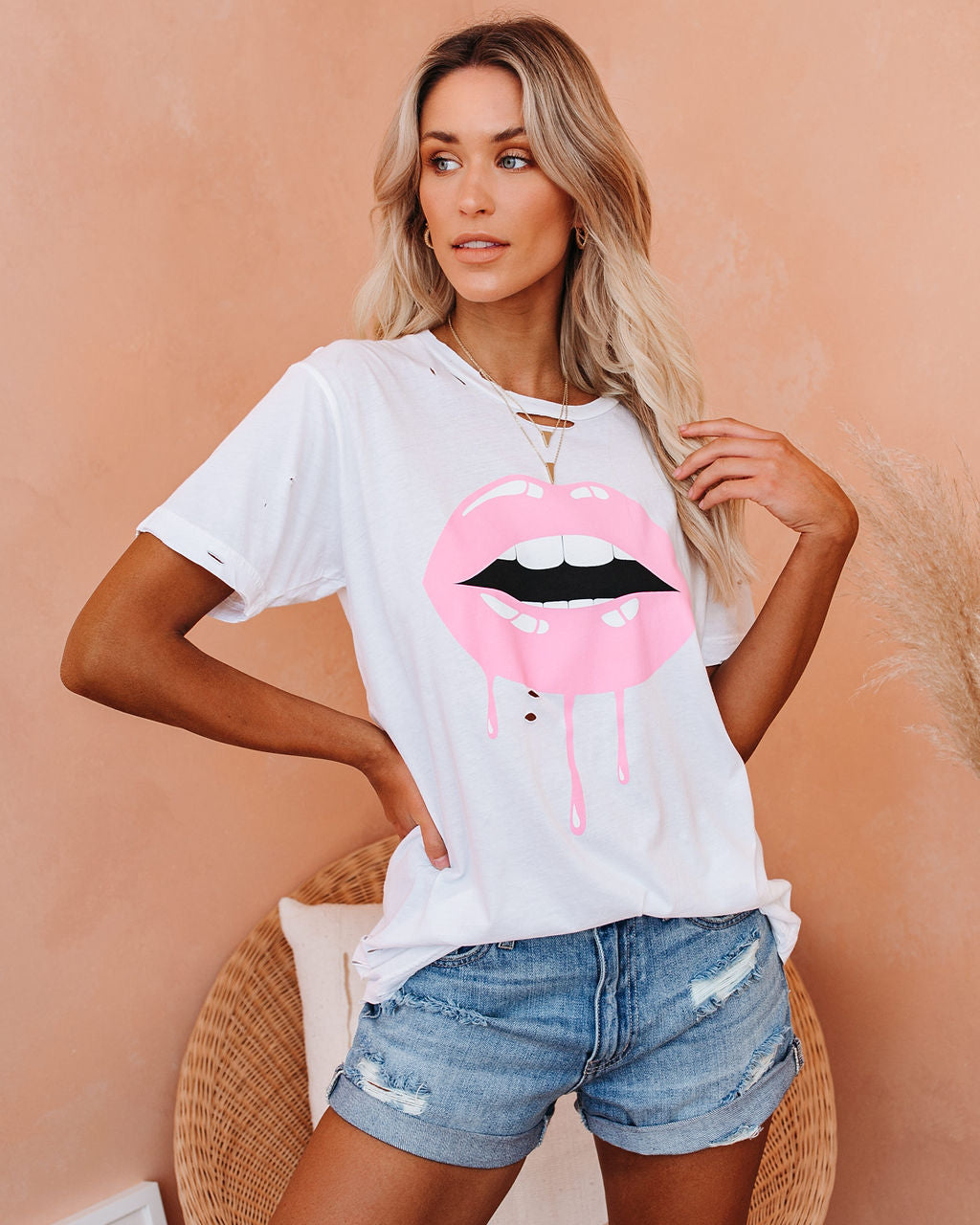 Pucker Up Distressed Cotton Tee Oshnow