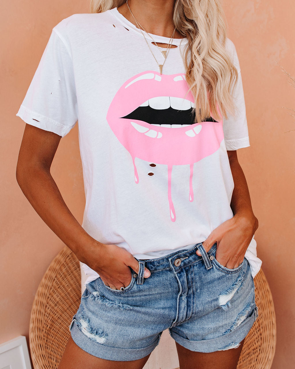 Pucker Up Distressed Cotton Tee Oshnow