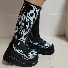 Punk Print Platform Soft Leather Tall Boots Oshnow