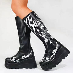 Punk Print Platform Soft Leather Tall Boots Oshnow