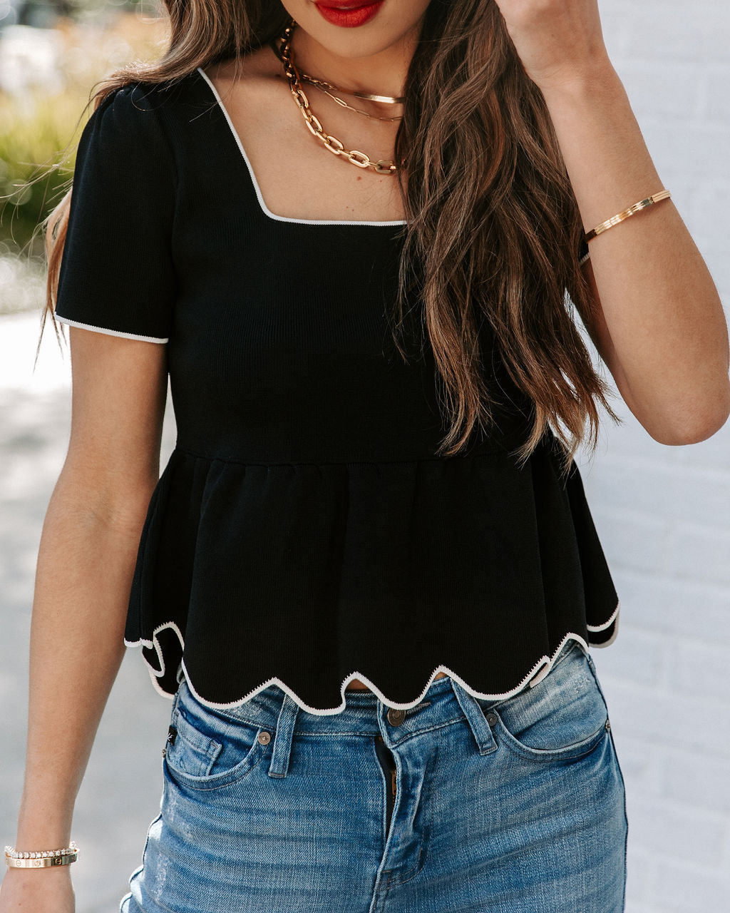 Quita Scalloped Peplum Top - Black Oshnow