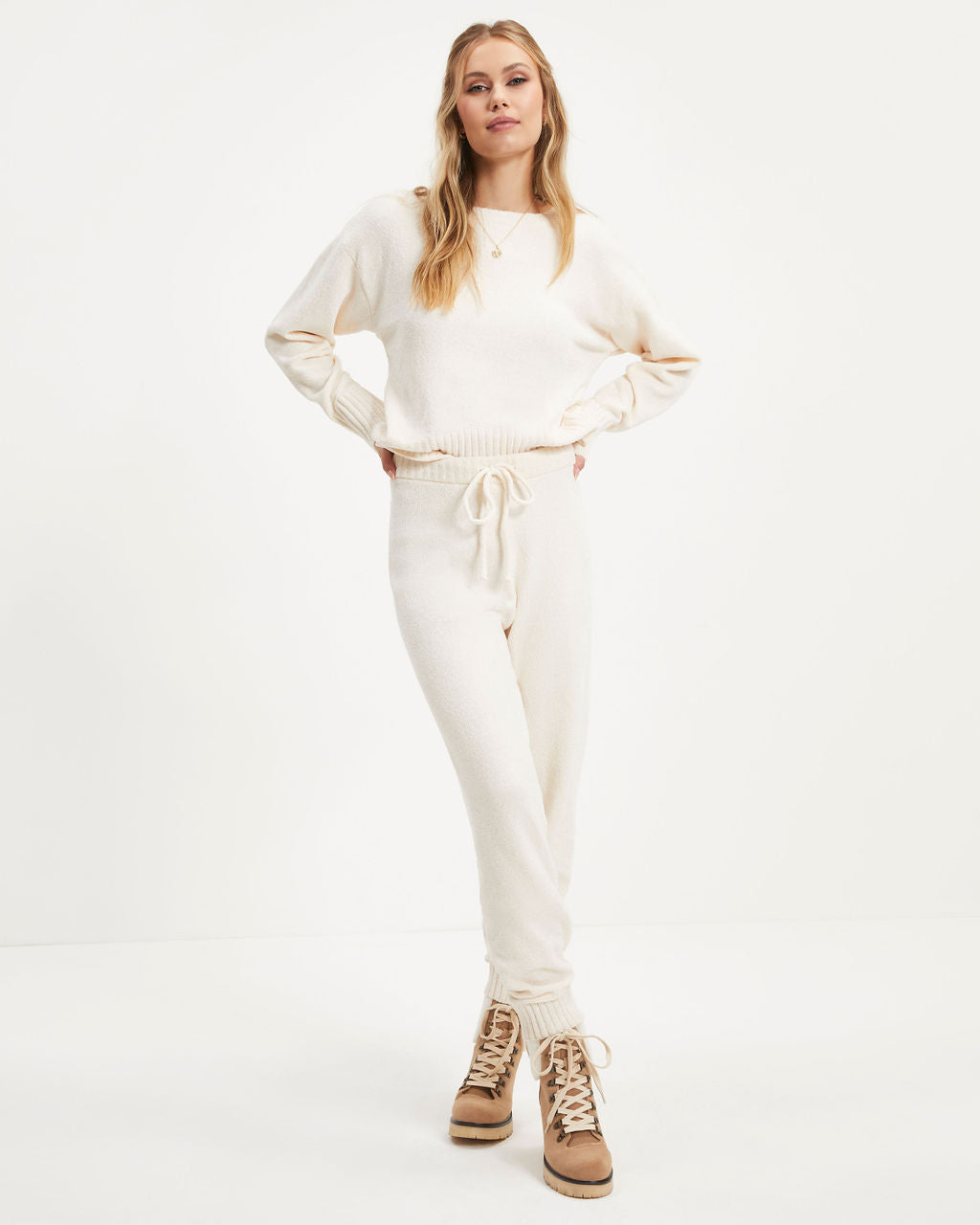 Rainy Day Glam Chenille Jogger Pants - Cream  - SALE Oshnow