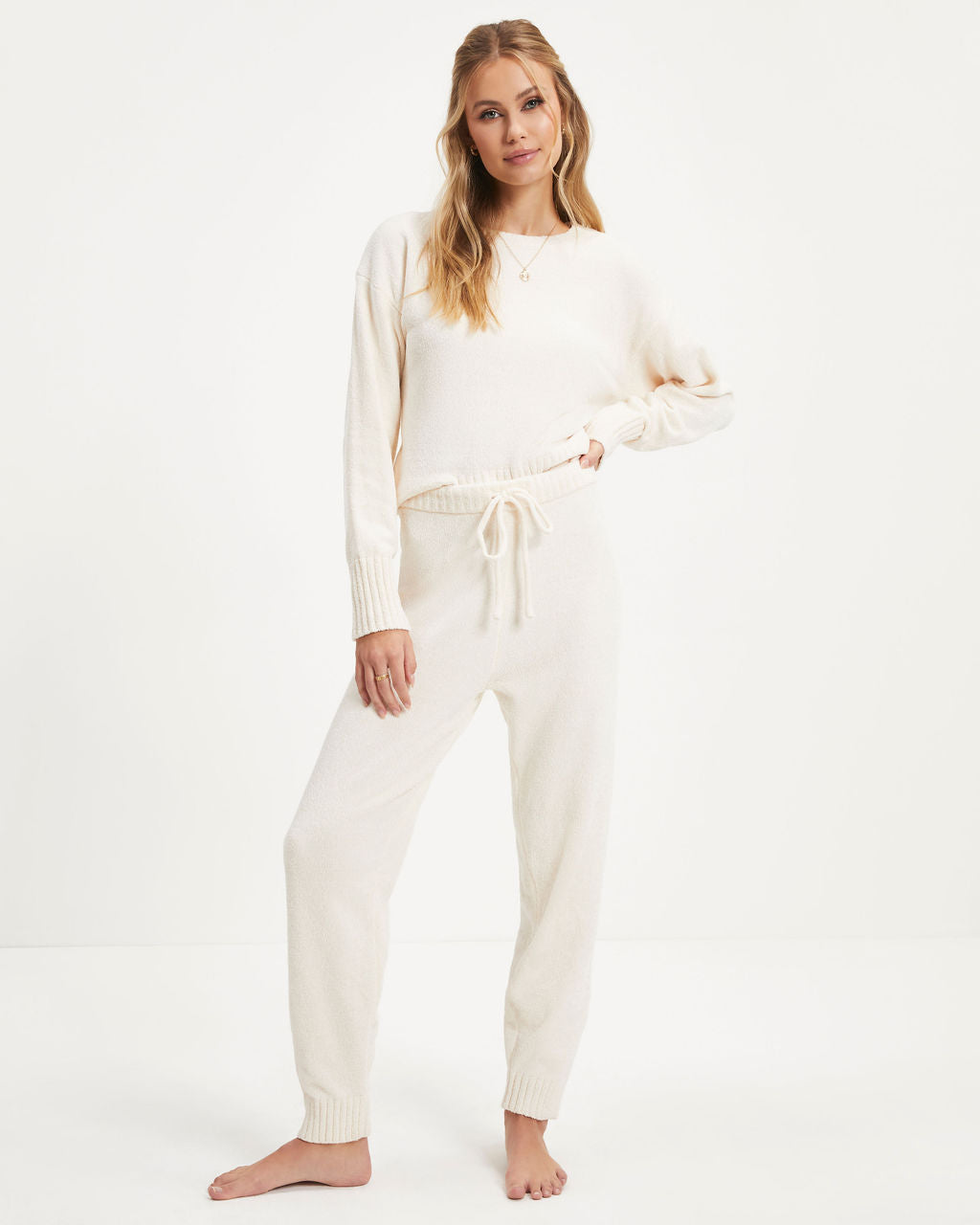 Rainy Day Glam Chenille Jogger Pants - Cream  - SALE Oshnow