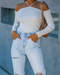 Rana Ribbed Cold Shoulder Knit Top - Off White Oshnow