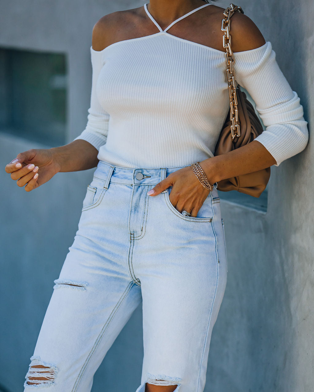 Rana Ribbed Cold Shoulder Knit Top - Off White Oshnow