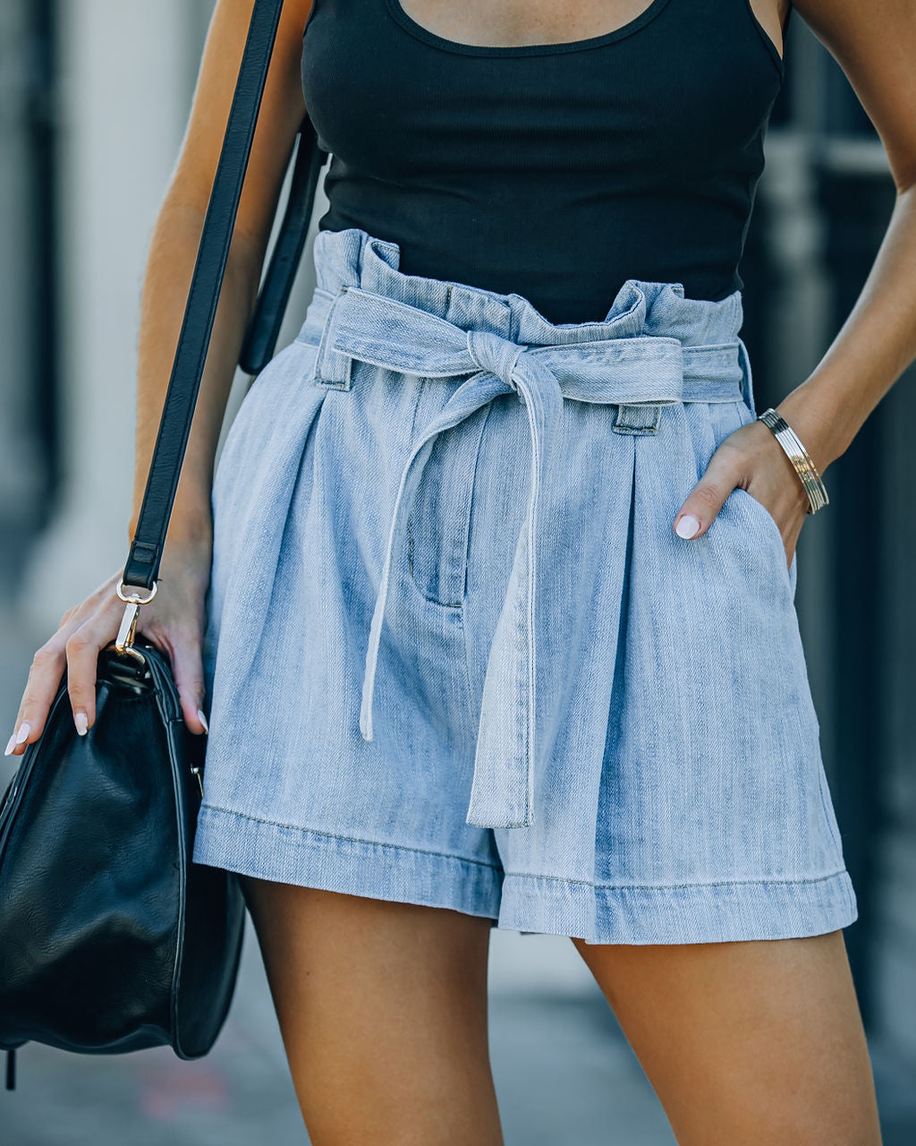 Raya High Rise Paper Bag Waist Denim Shorts Oshnow