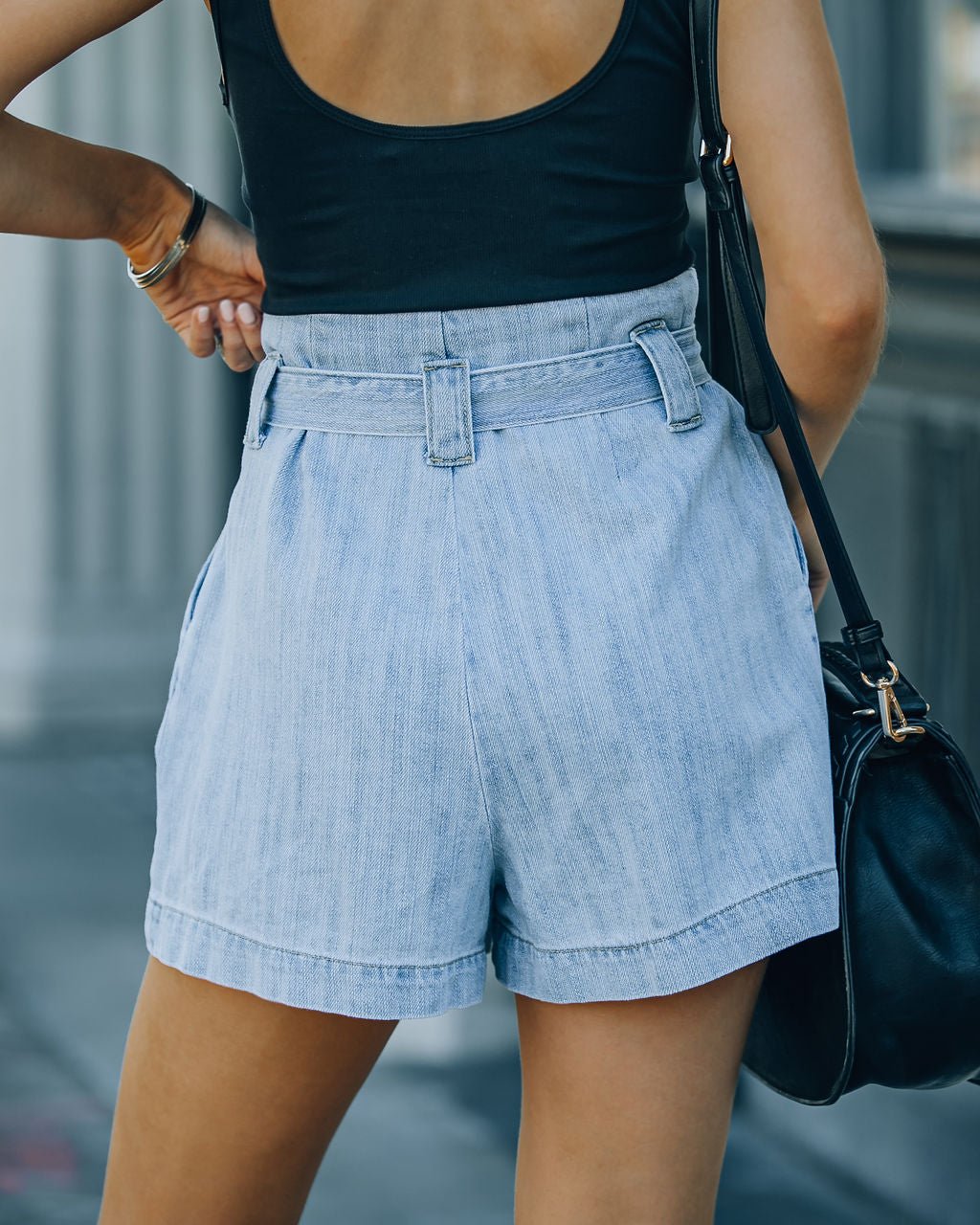 Raya High Rise Paper Bag Waist Denim Shorts Oshnow